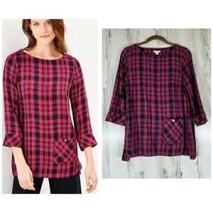 J Jill Tunic Top Size Small Plum Pink Plaid Flannel 3/4 Sleeve Pocket‎ Accent